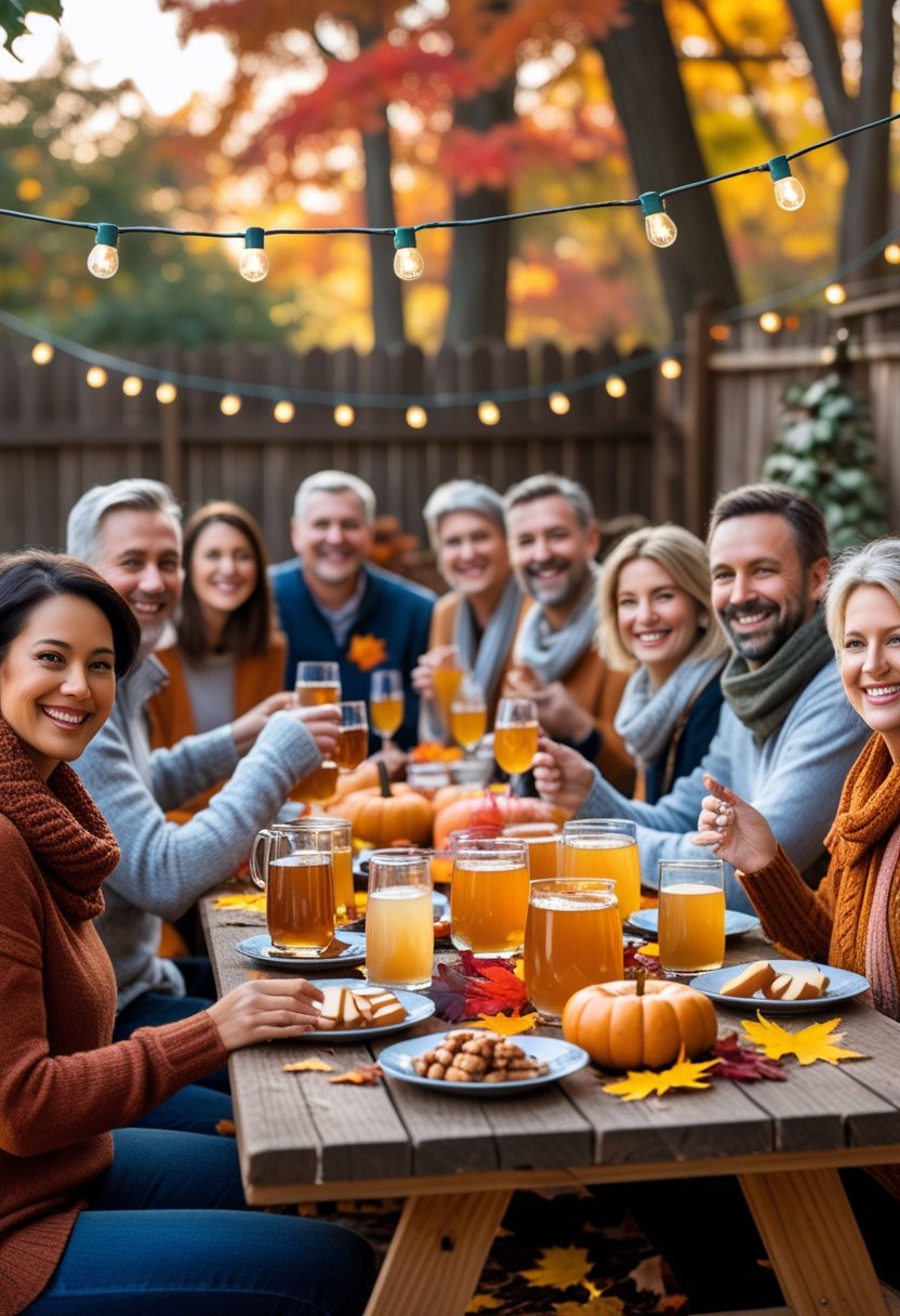 People enjoying an outdoor autumn cider tasting party surrounded by fall decorations and colorful leaves.