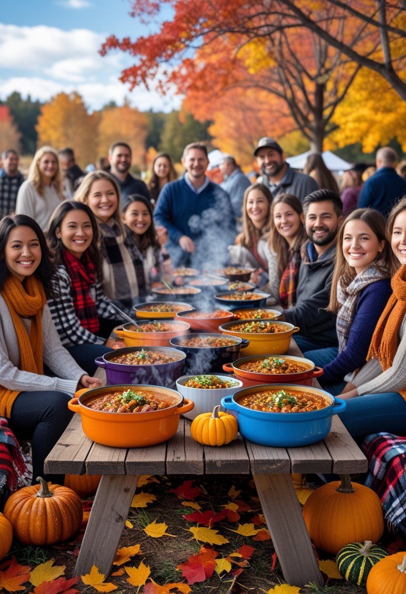 People enjoying an outdoor fall chili cook-off with bowls of chili on a decorated wooden table surrounded by autumn leaves and pumpkins.