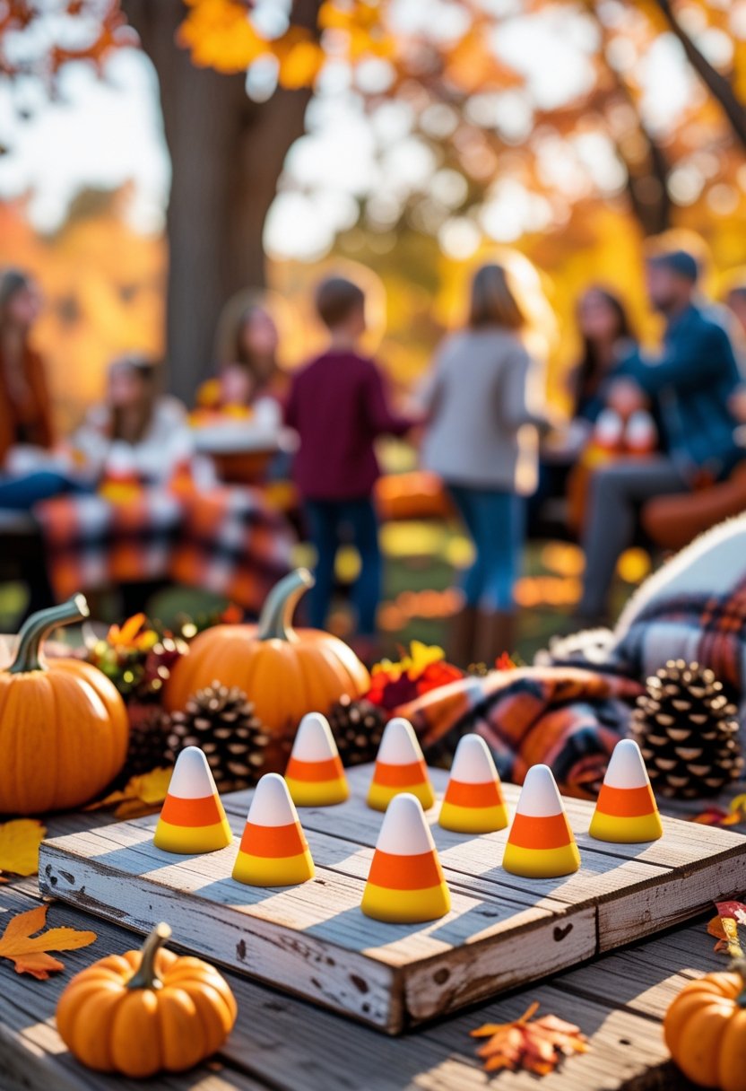 A candy corn ring toss game set up on a wooden table surrounded by fall decorations like pumpkins and leaves at an outdoor autumn party.