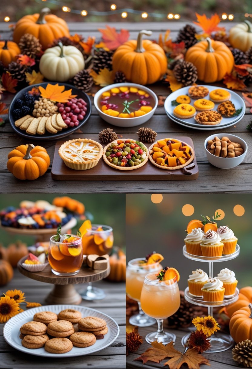 A fall party table with seven different creative food and drink presentations, decorated with pumpkins, autumn leaves, and warm lighting.