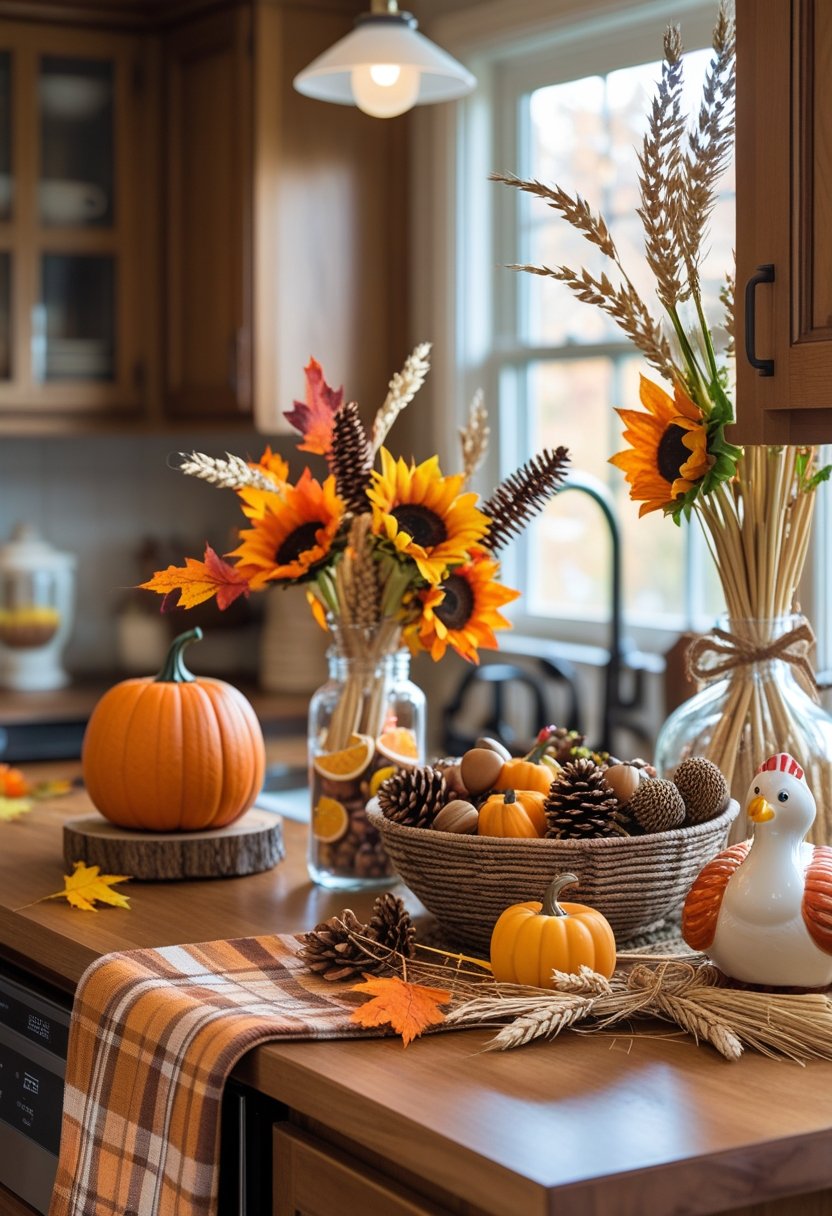 A kitchen countertop decorated with eight fall-themed items including pumpkins, autumn leaves, cinnamon sticks, sunflowers, pinecones, a plaid towel, a turkey figurine, and a lit candle.