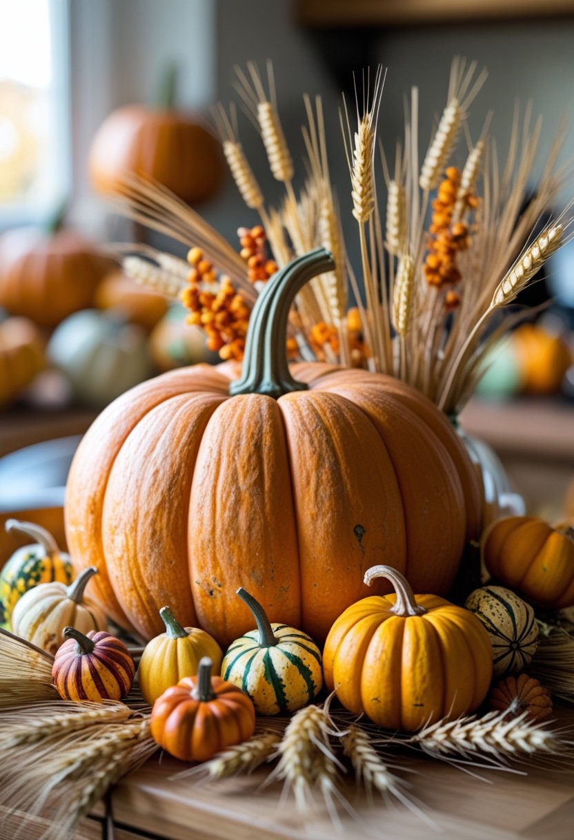 A rustic fall centerpiece with a pumpkin, gourds, and dried wheat on a wooden table.