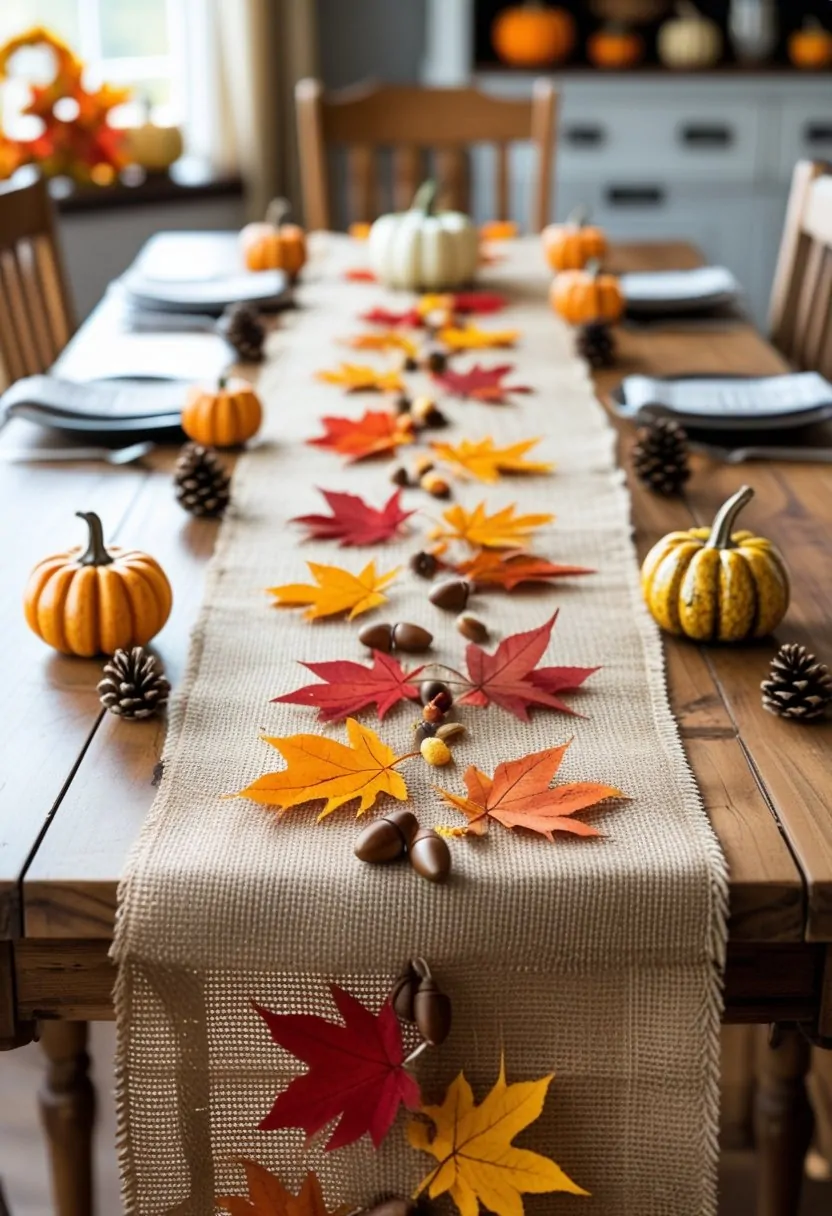 A kitchen table with a burlap runner decorated with autumn leaves and eight fall-themed decorations like pumpkins and pine cones.