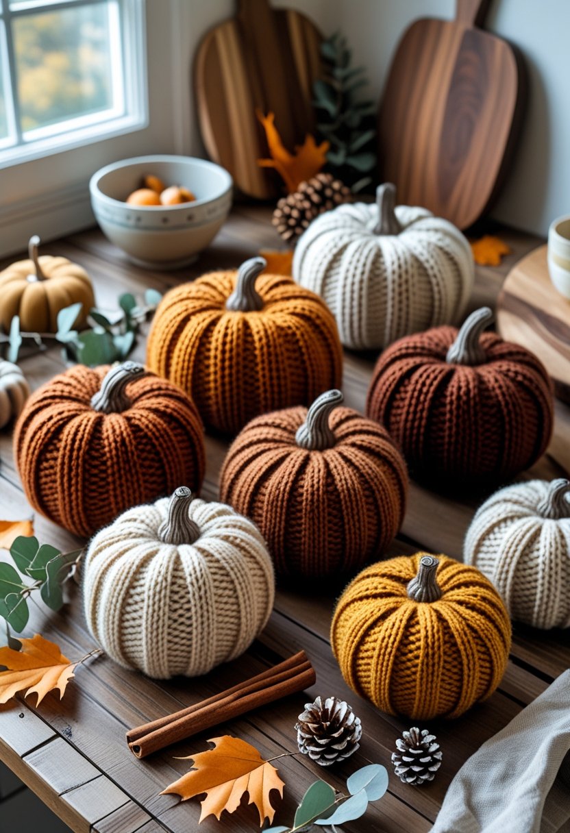 Eight knit pumpkins in warm autumn colors arranged on a wooden table with fall decorations in a kitchen setting.