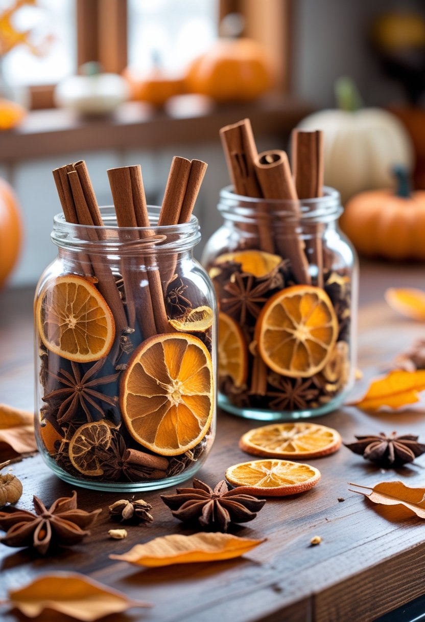 Two glass jars filled with cinnamon sticks and dried orange slices on a wooden kitchen counter with autumn leaves and spices around them.