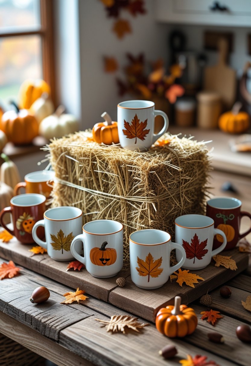Mini hay bale on a wooden table surrounded by eight fall-themed mugs and autumn kitchen decorations.