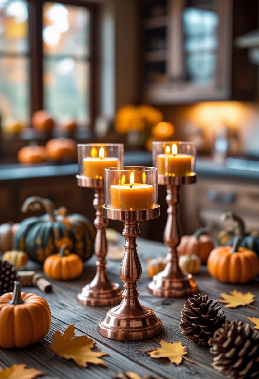 Copper or bronze candle holders with lit pumpkin-scented candles surrounded by fall kitchen decorations on a wooden table.