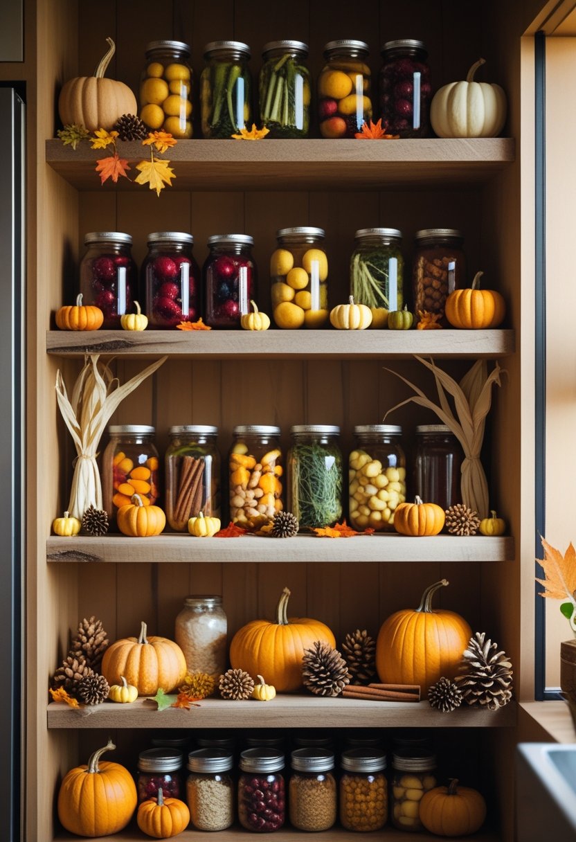 Open kitchen shelves decorated with mason jars and fall-themed items like pumpkins, leaves, and pine cones.