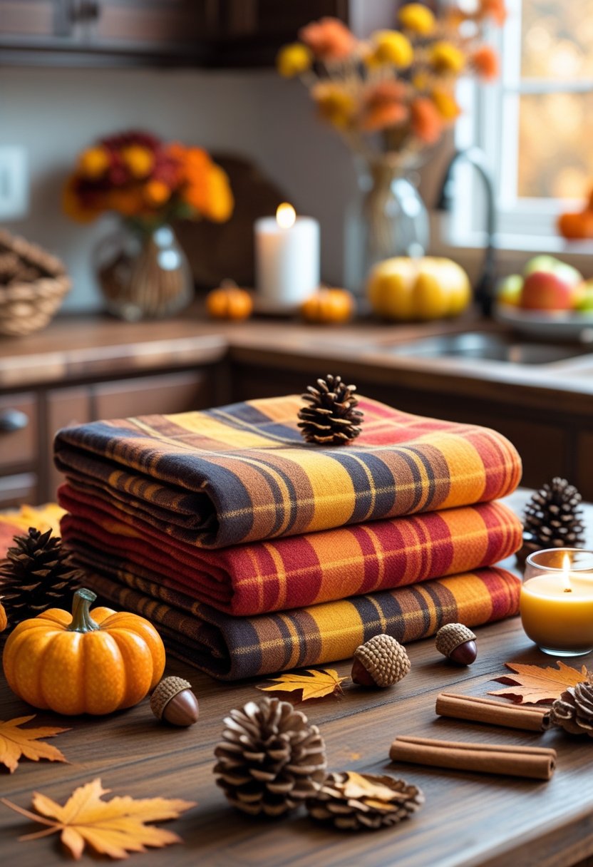 Plaid dish towels in fall colors arranged on a kitchen countertop with pumpkins, autumn leaves, cinnamon sticks, pine cones, flowers, fruit, and a lit candle.