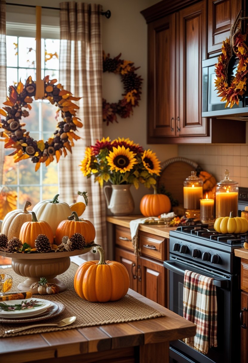 A cozy kitchen decorated with pumpkins, autumn leaves, candles, and fall-themed ornaments on a wooden table and countertops.
