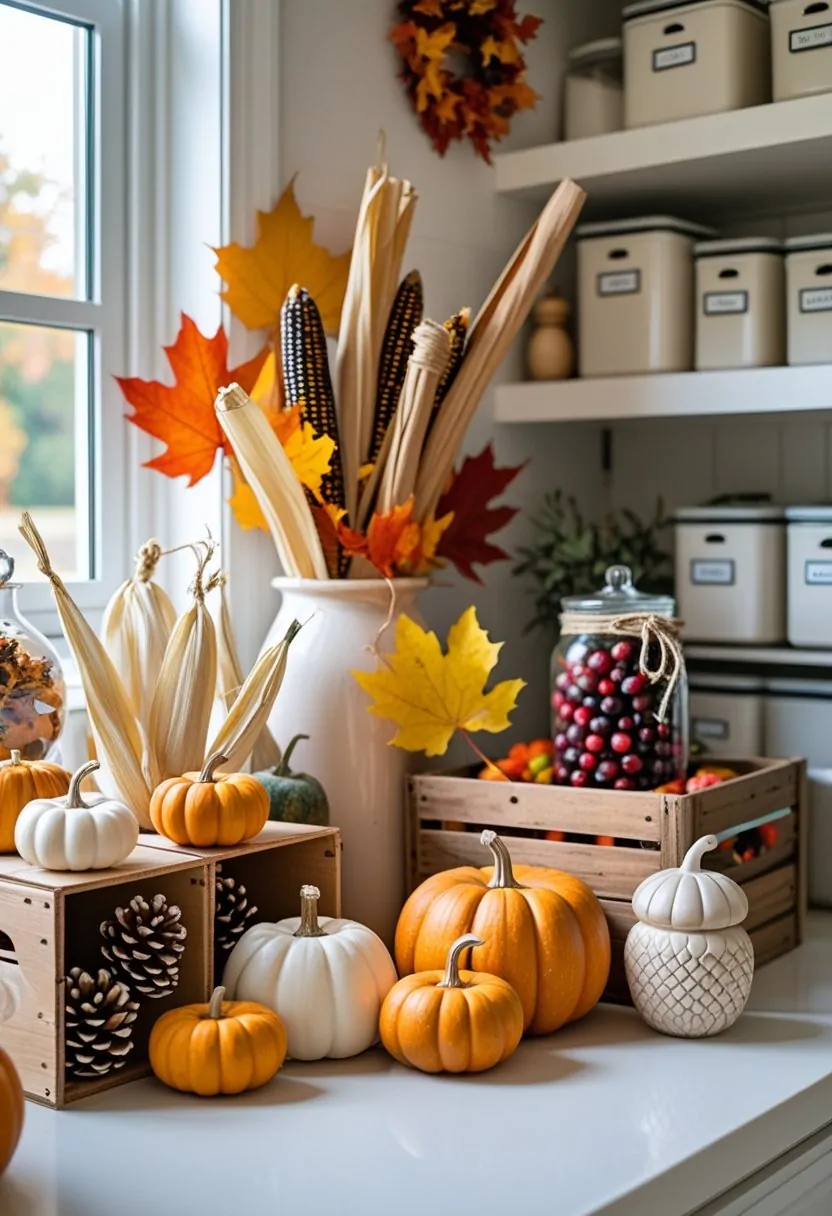 A kitchen counter with eight fall decorations including pumpkins, corn husks, cinnamon sticks, leaves, a wooden crate, a basket of pinecones, a jar of cranberries, and a ceramic acorn, with shelves and storage containers in the background.