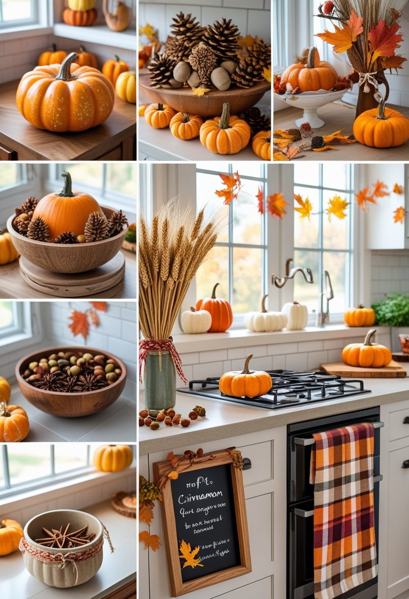 A kitchen decorated with eight fall-themed items including pumpkins, pinecones, dried wheat, a pumpkin garland, cinnamon sticks, a plaid towel, a decorative chalkboard, and a jar of spices.
