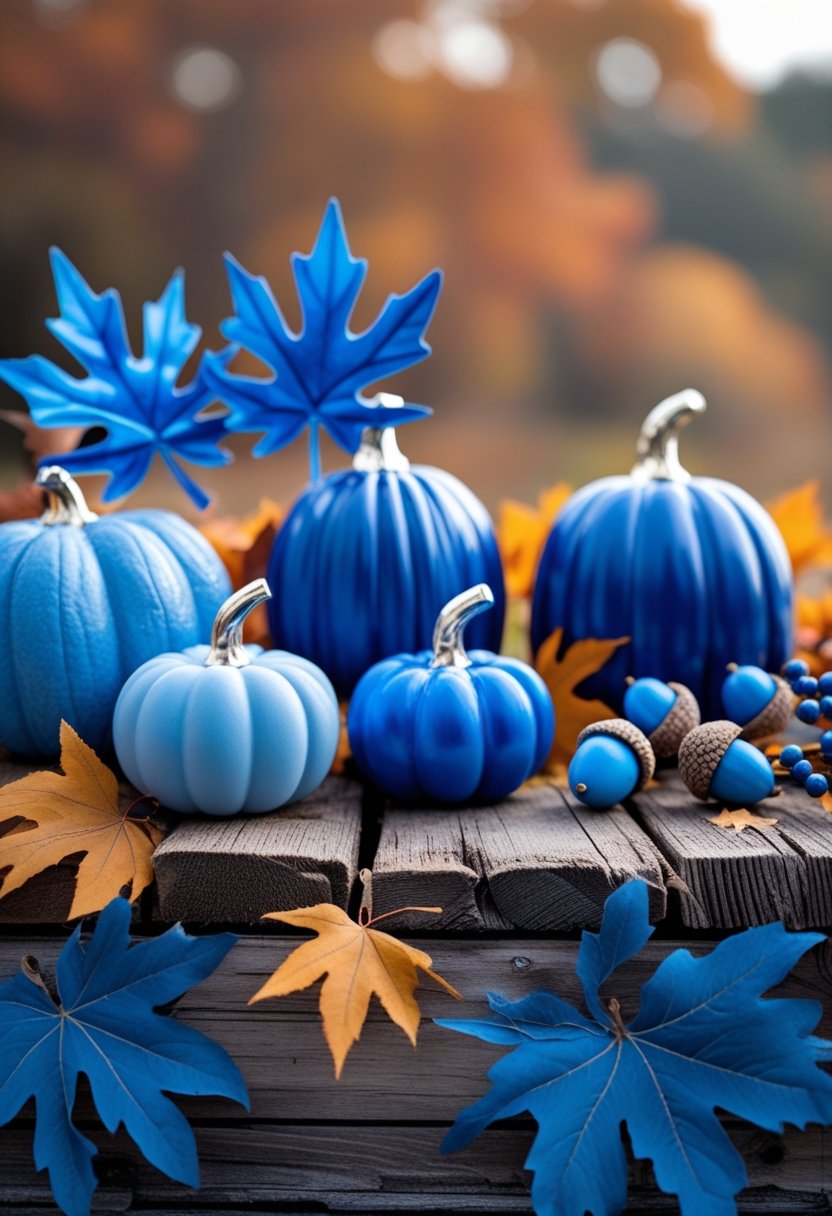 Seven blue fall decorations including pumpkins, leaves, acorns, and berries arranged on a wooden surface with autumn colors in the background.