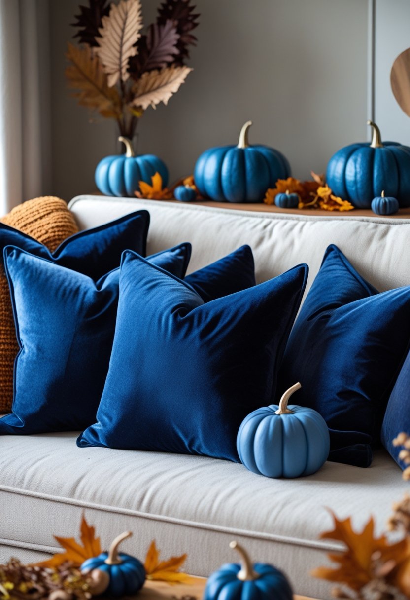 A cozy living room with navy velvet throw pillows on a sofa and blue fall decorations around the space.