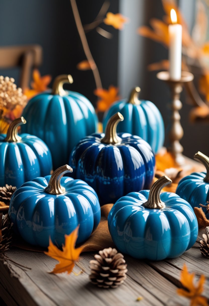 Seven blue ceramic pumpkins arranged on a wooden table with autumn decorations like dried leaves and pinecones.
