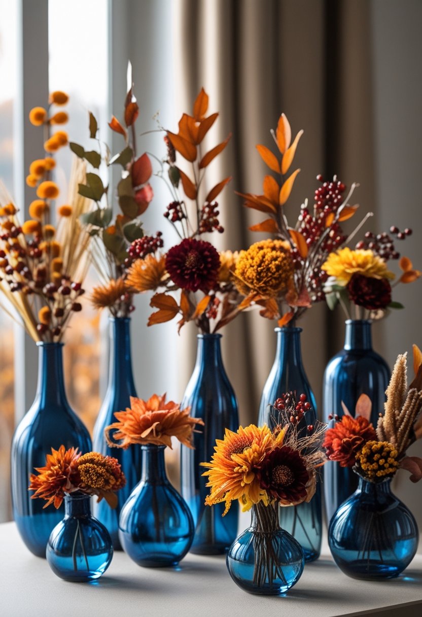 Seven blue glass vases holding autumnal flower arrangements with fall leaves and berries on a neutral surface.