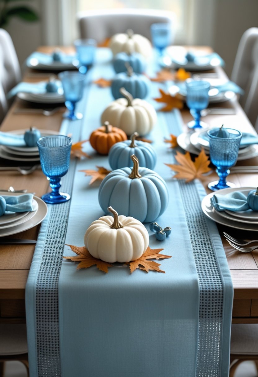 Dining table with soft pastel blue table runners and seven blue fall decorations arranged along the center.