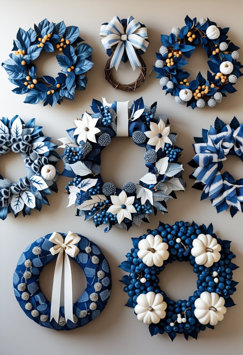 Seven blue and white patterned autumn wreaths arranged on a neutral background.