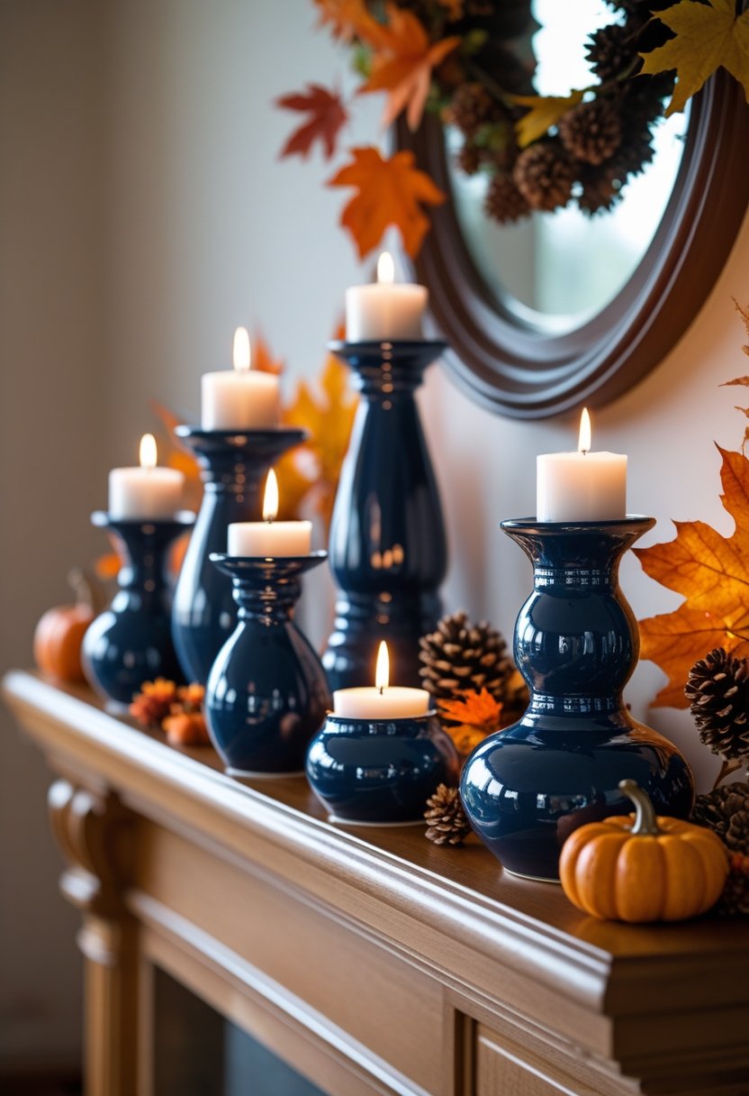 Seven navy blue ceramic candle holders with lit candles arranged on a mantel surrounded by autumn leaves, small pumpkins, and pinecones.