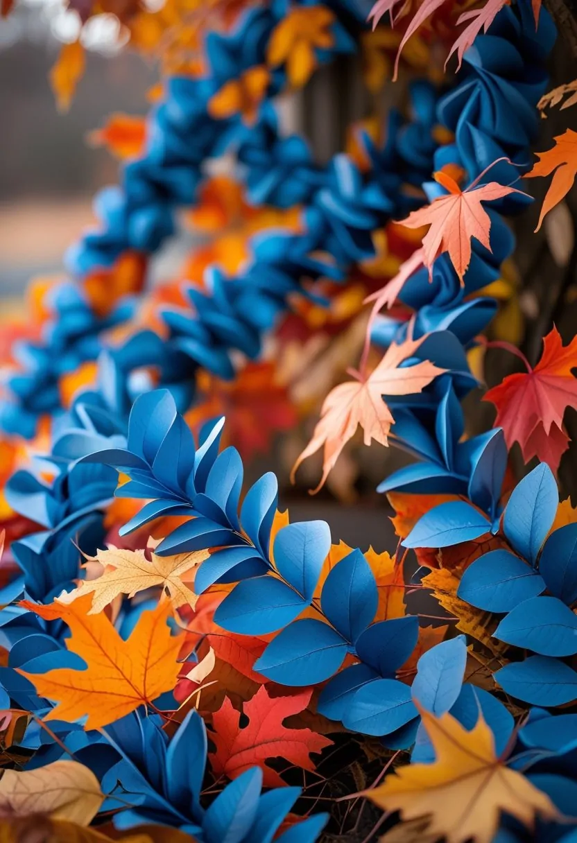 Blue leaf garlands mixed with warm autumn leaves and blue fall decorations arranged together.