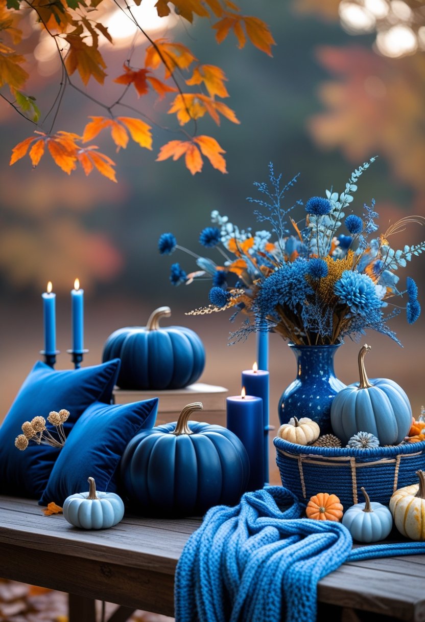 Seven blue fall decorations including pumpkins, pillows, dried flowers, a vase, candles, a basket with gourds, and a knit blanket arranged on a wooden table with autumn leaves in the background.
