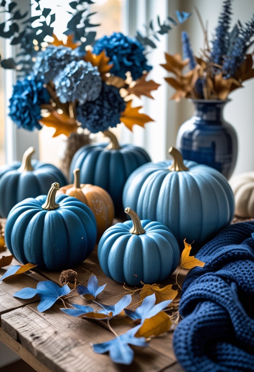Seven blue-themed fall decorations arranged on a wooden table with pumpkins, dried flowers, and autumn leaves.