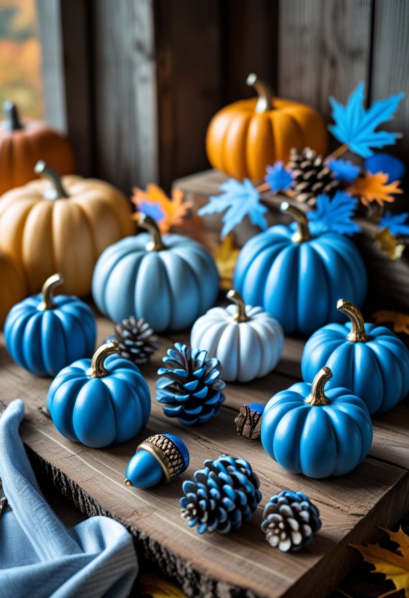 Seven blue fall decorations including pumpkins, leaves, acorns, and pinecones arranged on a wooden surface with warm autumn colors in the background.