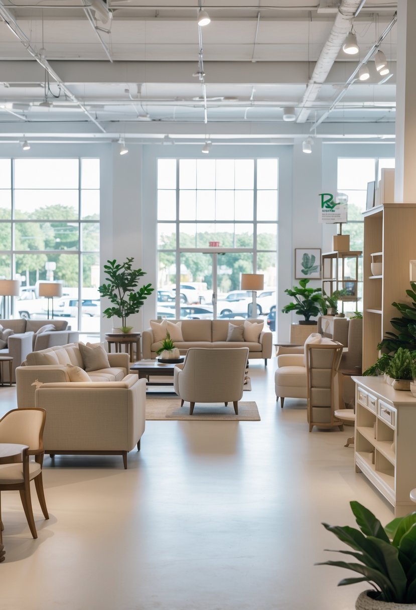 Interior of a bright furniture store with various sofas, tables, and chairs displayed neatly in a spacious showroom.