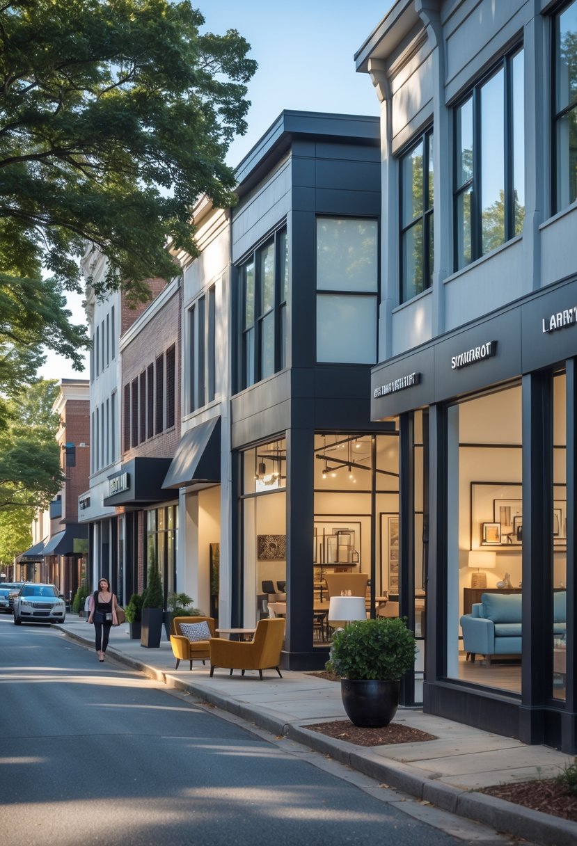 Seven furniture stores along a busy city street with large windows showing furniture, pedestrians walking, and cars parked nearby.