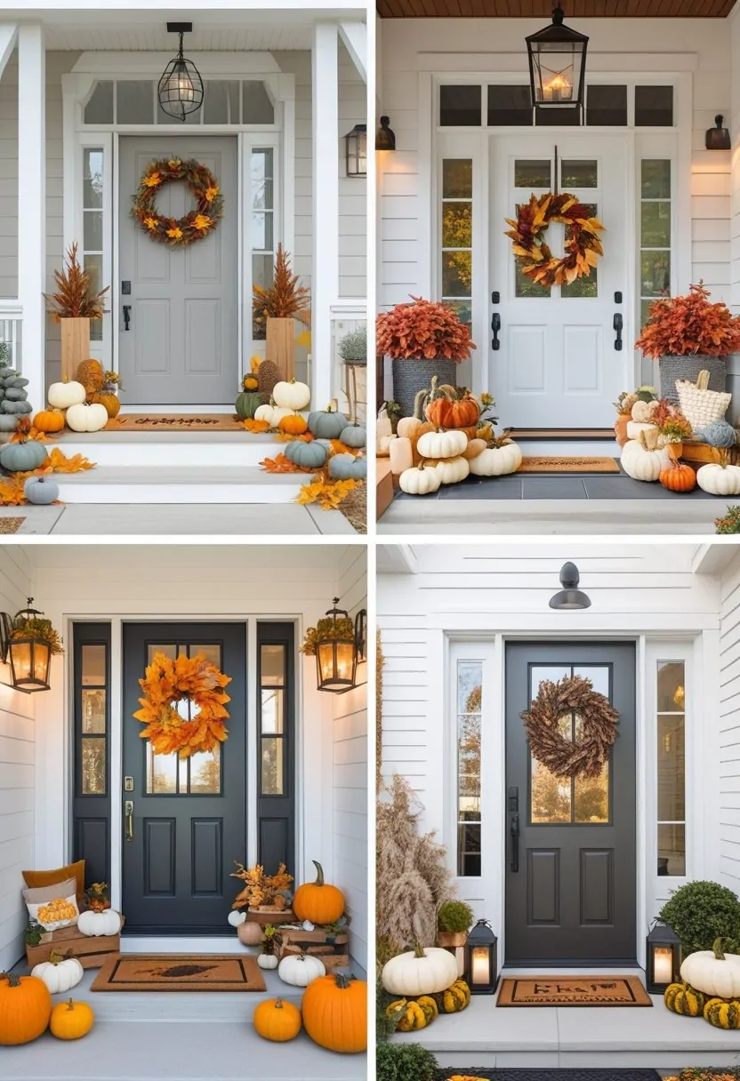 Seven different fall-themed entryway decorations featuring pumpkins, wreaths, autumn leaves, and lanterns arranged in front of various clean front doors.