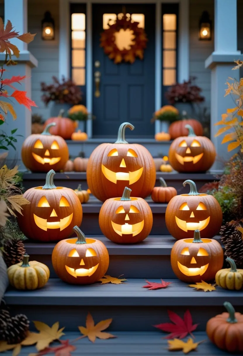 Seven carved pumpkin lanterns with glowing candles arranged on wooden steps surrounded by autumn leaves and fall decorations at a front entryway.