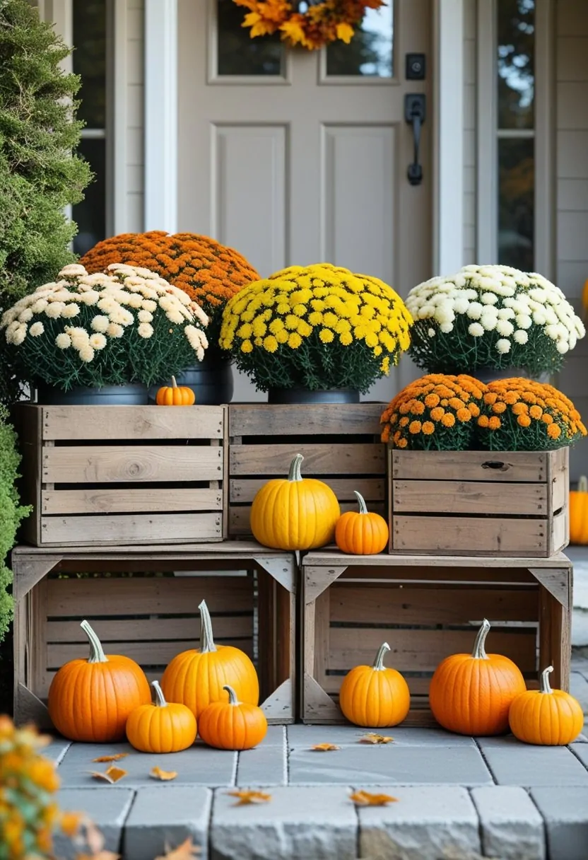 Rustic wooden crates filled with colorful mums and small pumpkins arranged on an outdoor entryway.