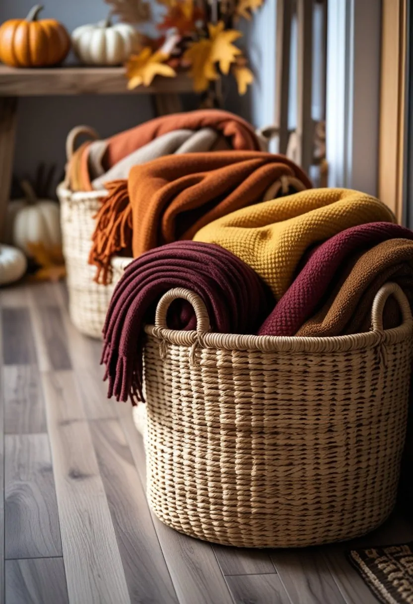 Woven baskets filled with cozy throw blankets arranged in a fall-themed entryway with seasonal decorations.