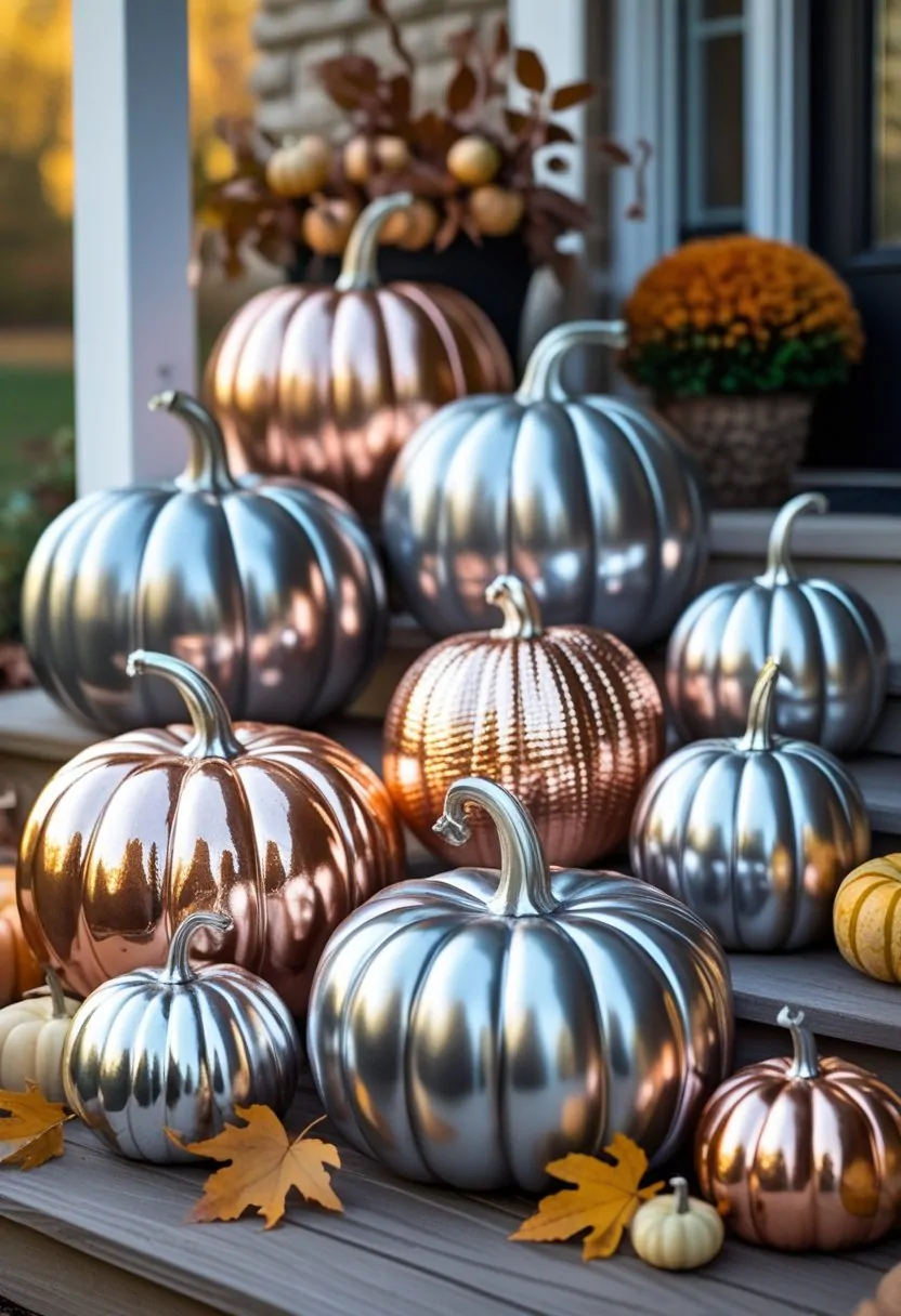 Seven metallic pumpkins in silver and copper tones arranged on a wooden porch step with autumn leaves around them.