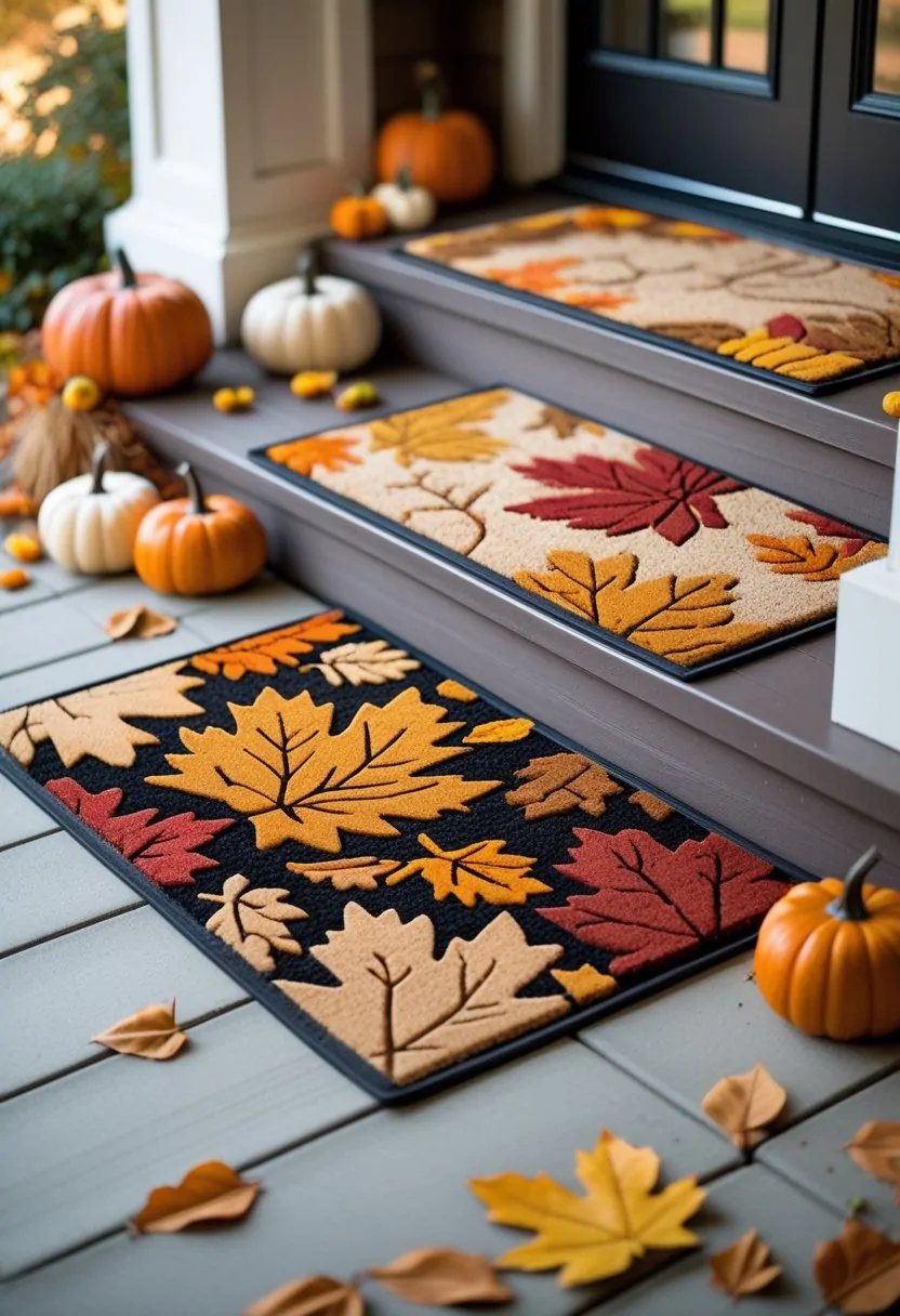 Layered doormats with autumn leaf patterns arranged on a doorstep surrounded by fall decorations.