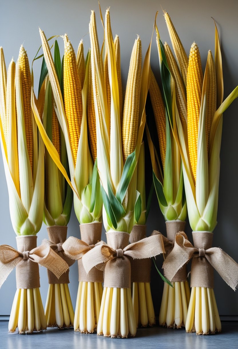Seven bundles of cornstalks tied with burlap ribbons arranged as fall entryway decorations.