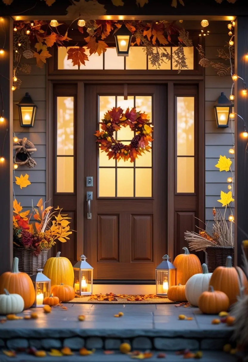 A fall entryway decorated with pumpkins, autumn leaves, lanterns, and string lights glowing softly.