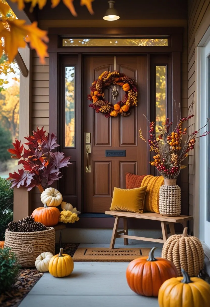 A fall entryway decorated with pumpkins, leaves, a basket of pinecones, cushions, and dried flowers in warm autumn colors.