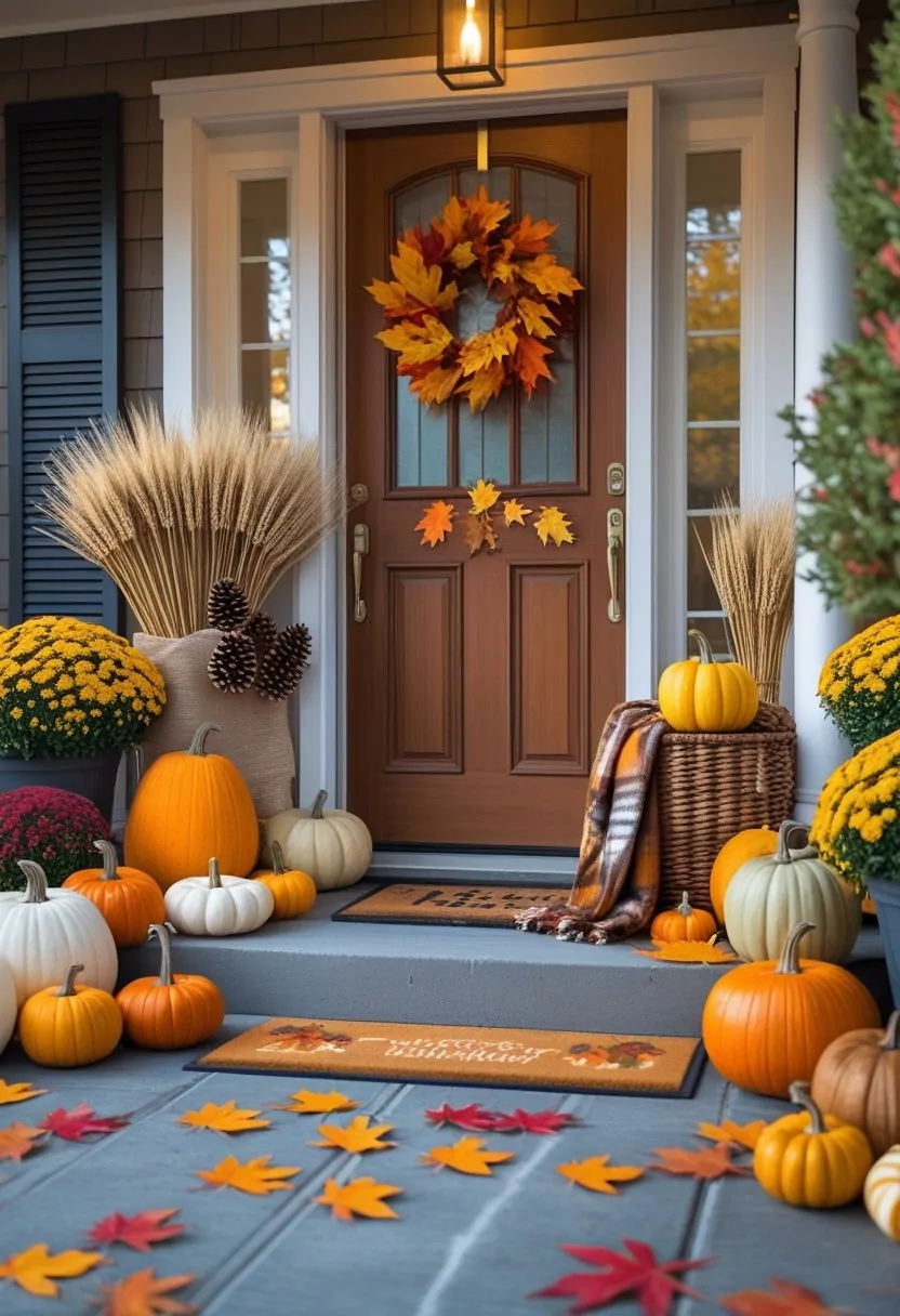 A fall-themed entryway with pumpkins, autumn leaves, a wooden bench with a plaid throw, and potted mums near a wooden front door.