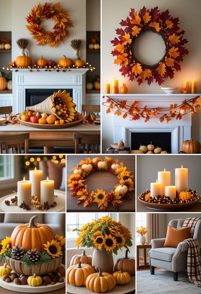 A cozy home interior decorated with seven different Thanksgiving decorations including a cornucopia centerpiece, leaf garland on the mantel, a wheat wreath, candles with sunflowers, a basket of pinecones, a pumpkin dish with spices, and miniature gourds on the window sill.