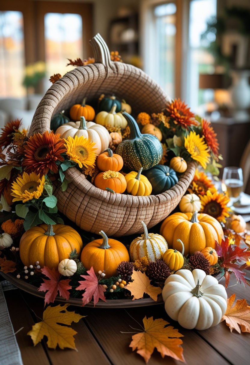 A rustic cornucopia centerpiece filled with fresh gourds and seasonal flowers on a wooden table.