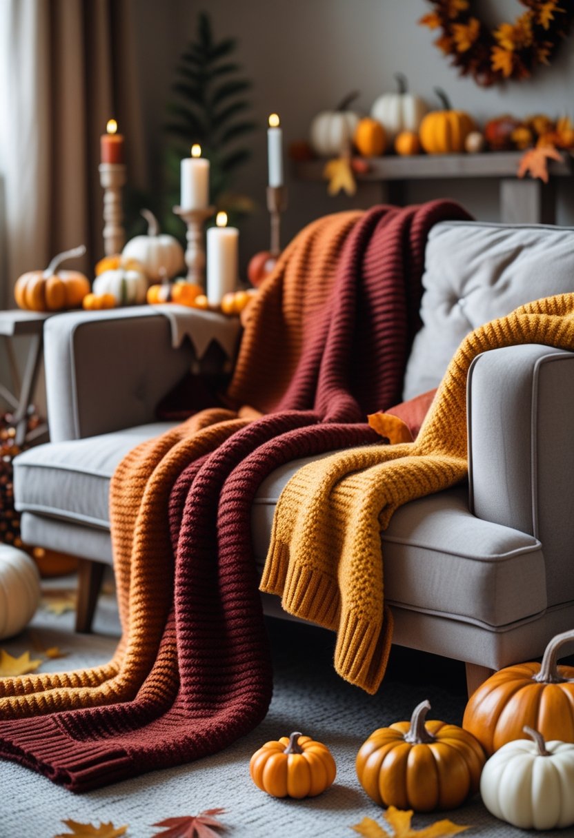 A cozy living room with knitted throw blankets in autumn colors draped over sofas and subtle Thanksgiving decorations like pumpkins and candles.