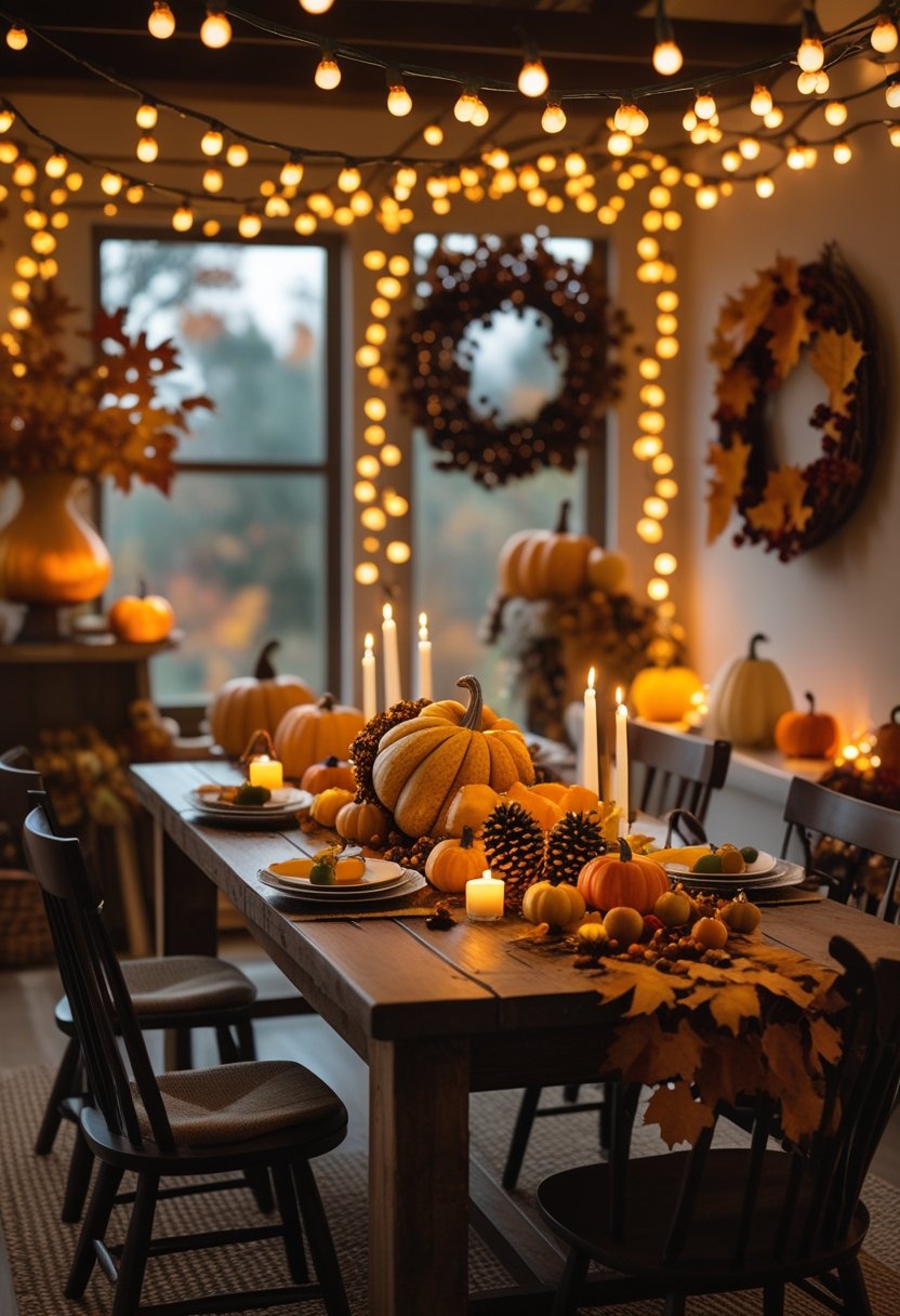 A warm indoor scene with string lights and seven different Thanksgiving decorations including pumpkins, autumn leaves, candles, and a wreath.