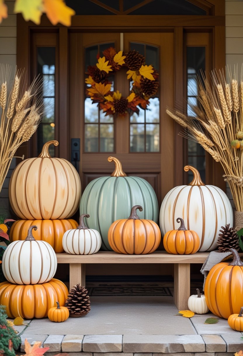 An entryway decorated with seven hand-painted wooden pumpkin signs surrounded by fall leaves and seasonal decor.