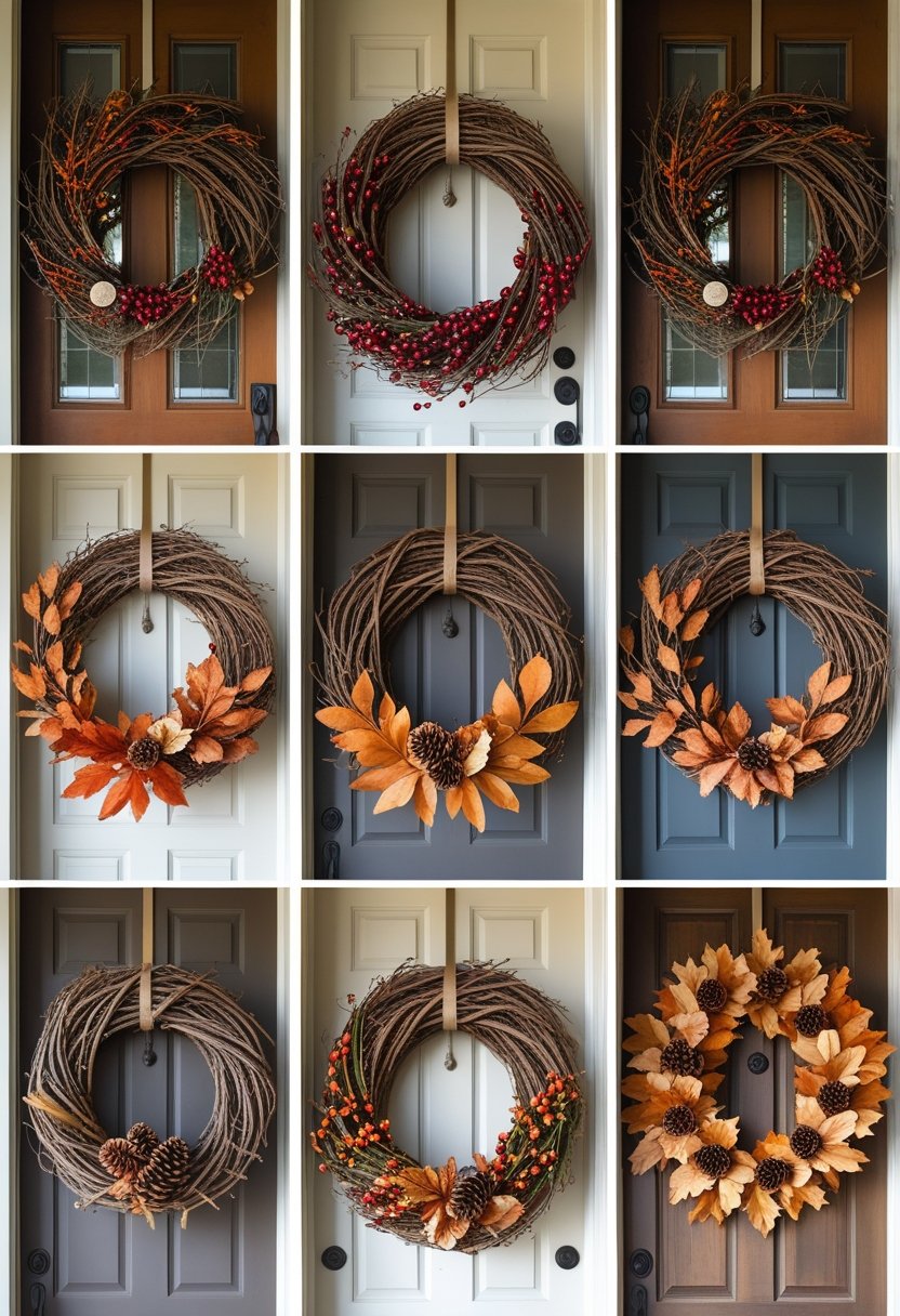 Seven natural twig and berry wreaths displayed on different front doors as Thanksgiving decorations.
