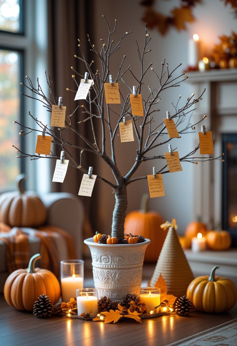 A Thanksgiving gratitude tree with handwritten notes displayed indoors, surrounded by pumpkins, autumn leaves, candles, pinecones, and other seasonal decorations.