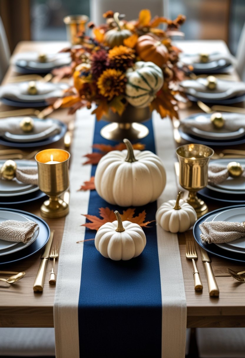 A Thanksgiving table with a navy and cream table runner, decorated with pumpkins, candles, autumn leaves, flowers, and gourds.