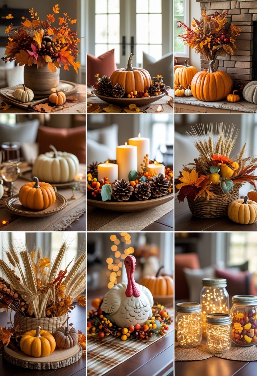 A cozy home scene with seven different Thanksgiving decorations including pumpkins, candles, fall leaf garland, pinecones, gourds, turkey figurines, dried corn husks, and autumn flowers arranged on a wooden table and mantel.