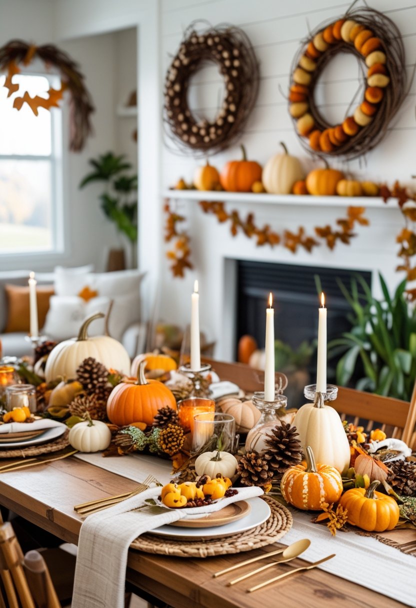 A cozy home decorated for Thanksgiving with pumpkins, dried leaves, candles, and natural seasonal elements on a wooden table.