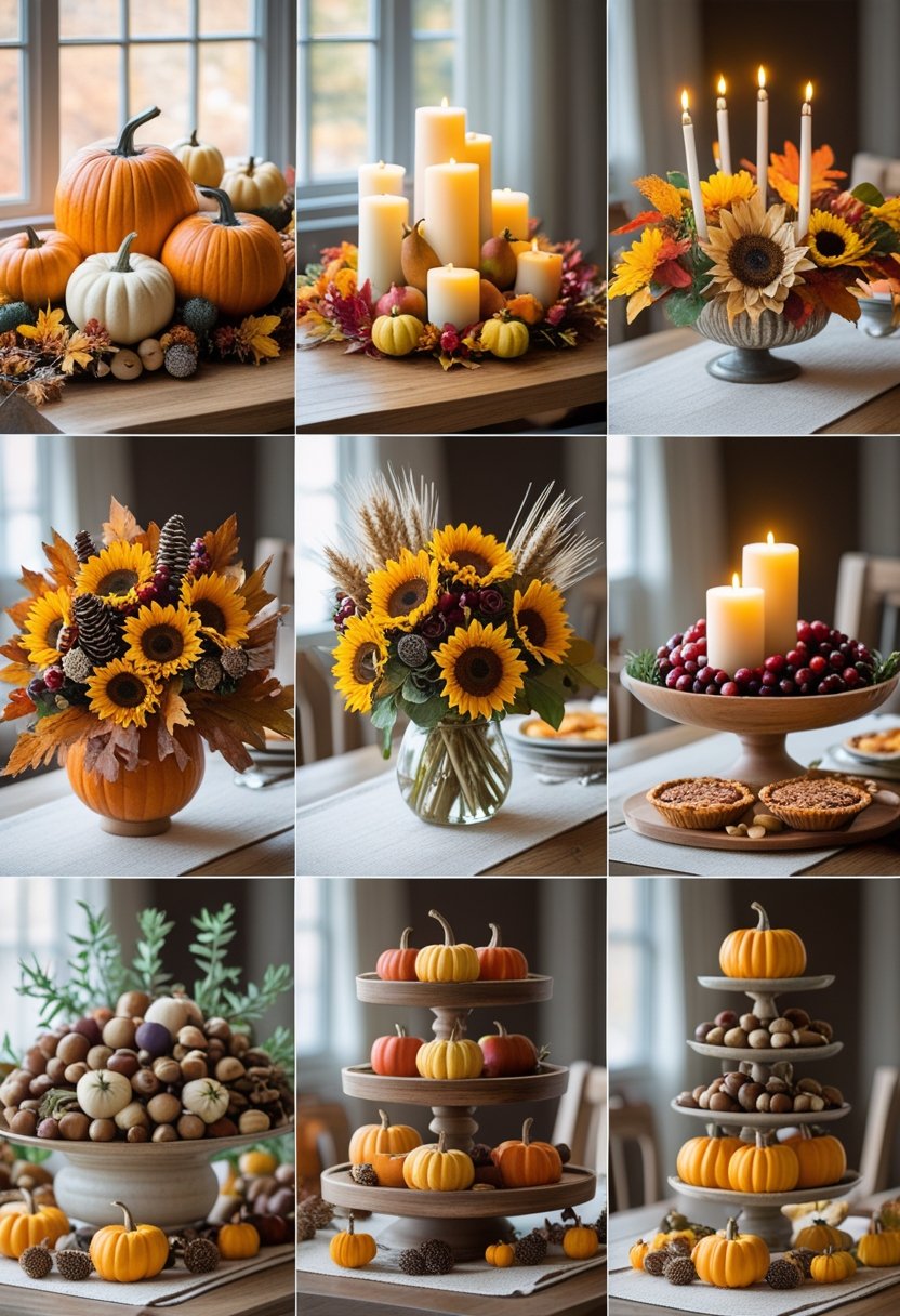 A dining table displaying eight different Thanksgiving centerpieces featuring pumpkins, candles, flowers, fruits, and autumn decorations.